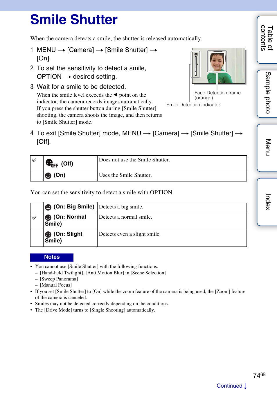 Smile shutter | Sony ILCE-3000 User Manual | Page 74 / 195