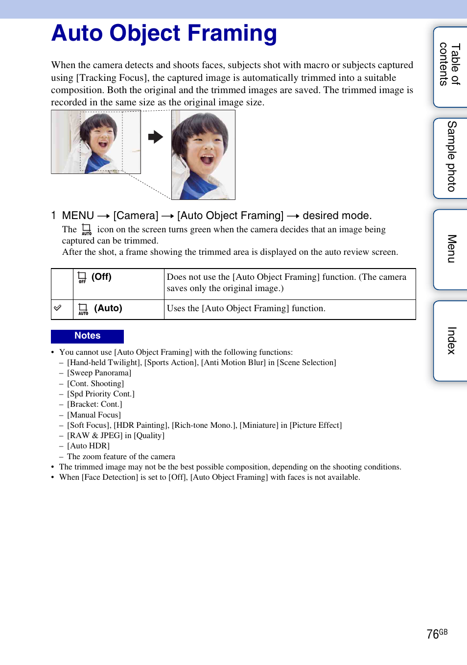 Auto object framing | Sony ILCE-3000 User Manual | Page 76 / 195