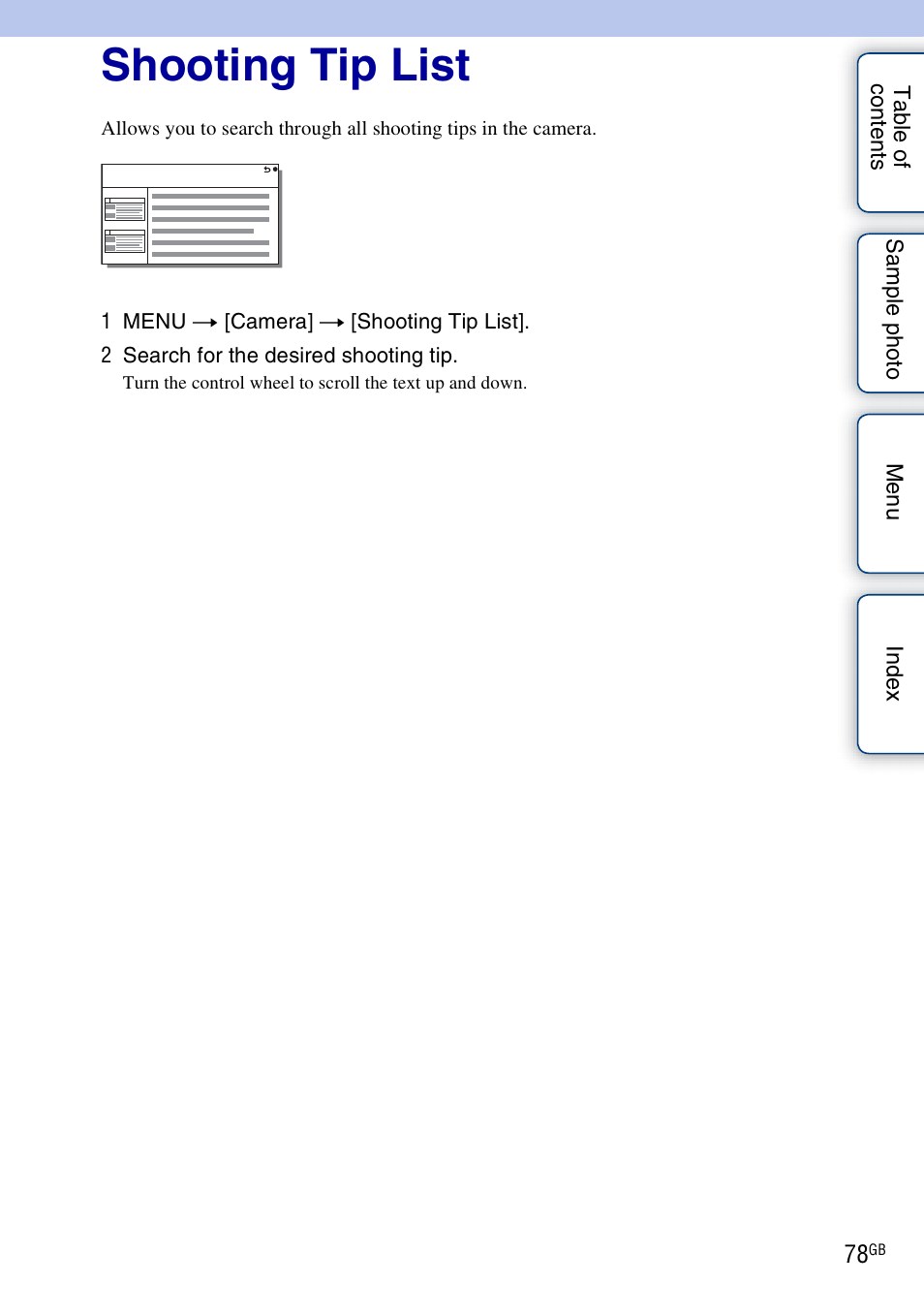 Shooting tip list | Sony ILCE-3000 User Manual | Page 78 / 195