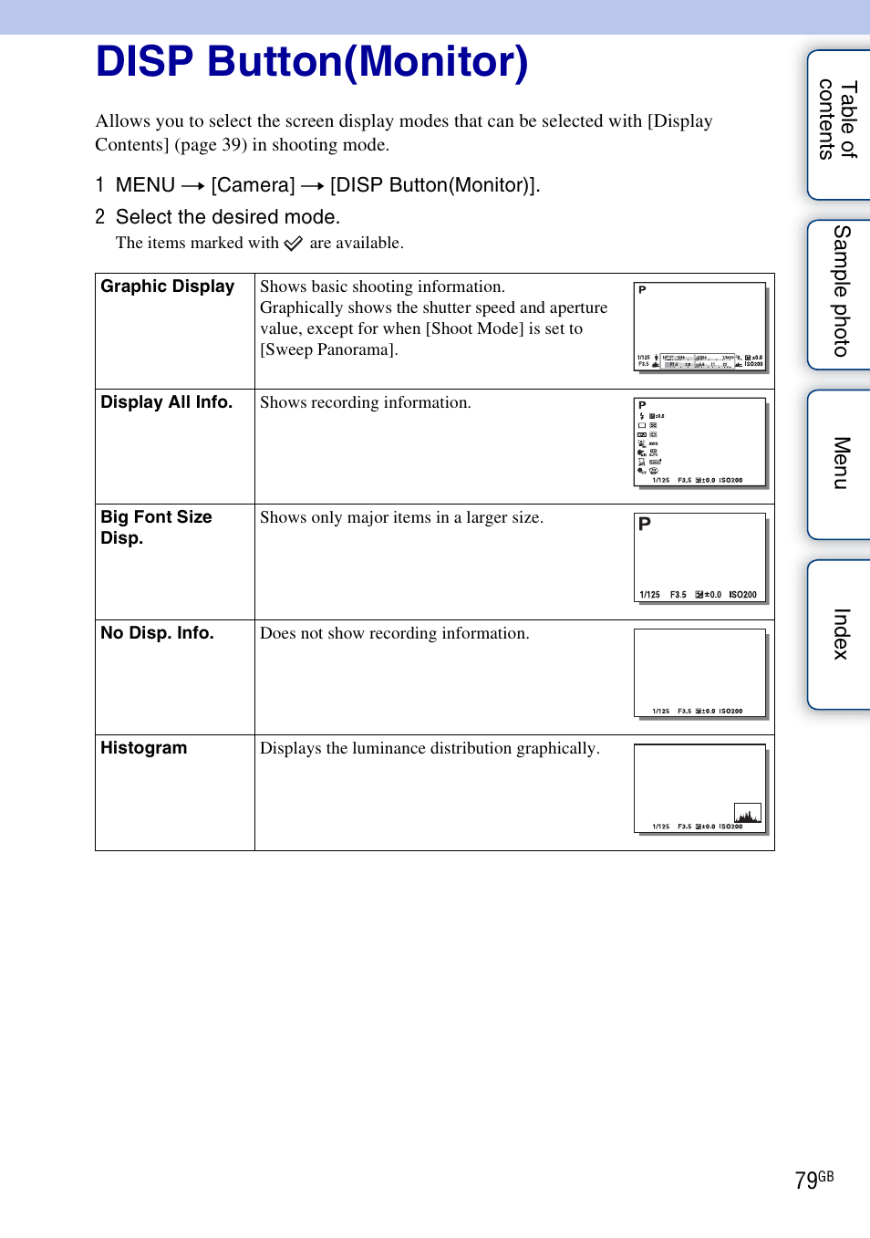 Disp button(monitor) | Sony ILCE-3000 User Manual | Page 79 / 195