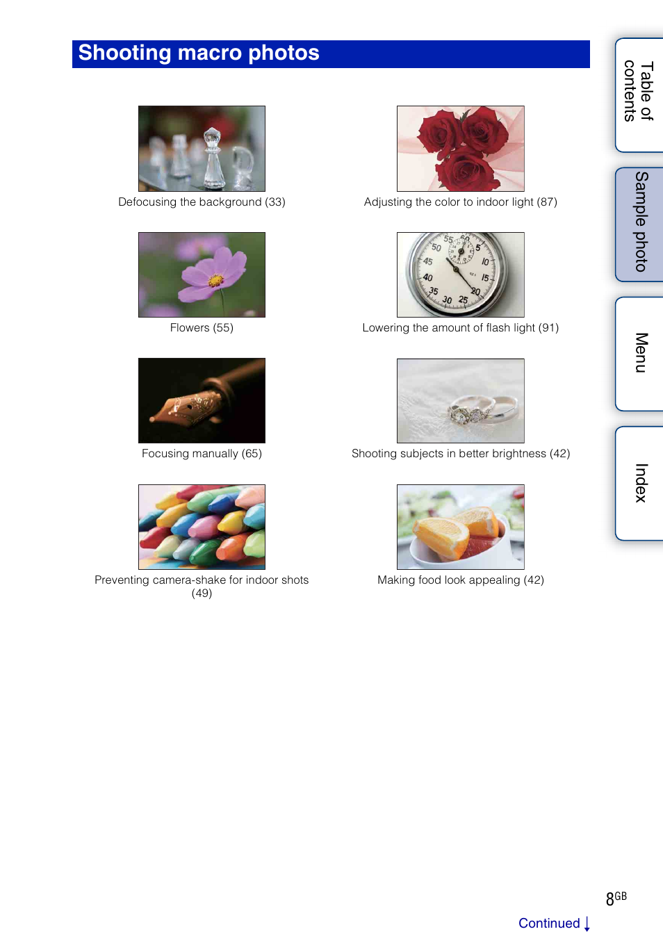 Shooting macro photos | Sony ILCE-3000 User Manual | Page 8 / 195