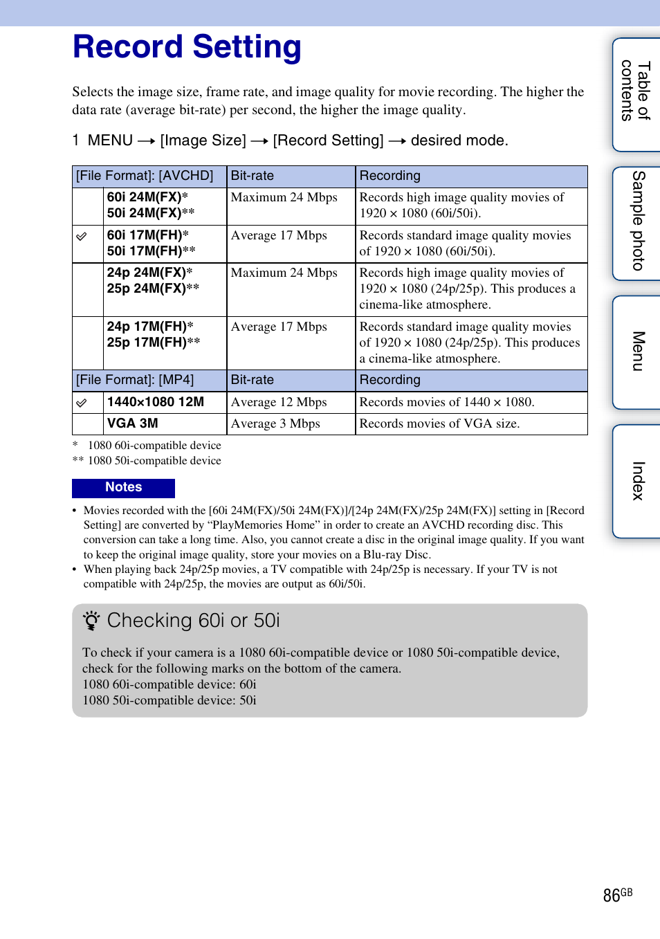 Record setting, Checking 60i or 50i | Sony ILCE-3000 User Manual | Page 86 / 195