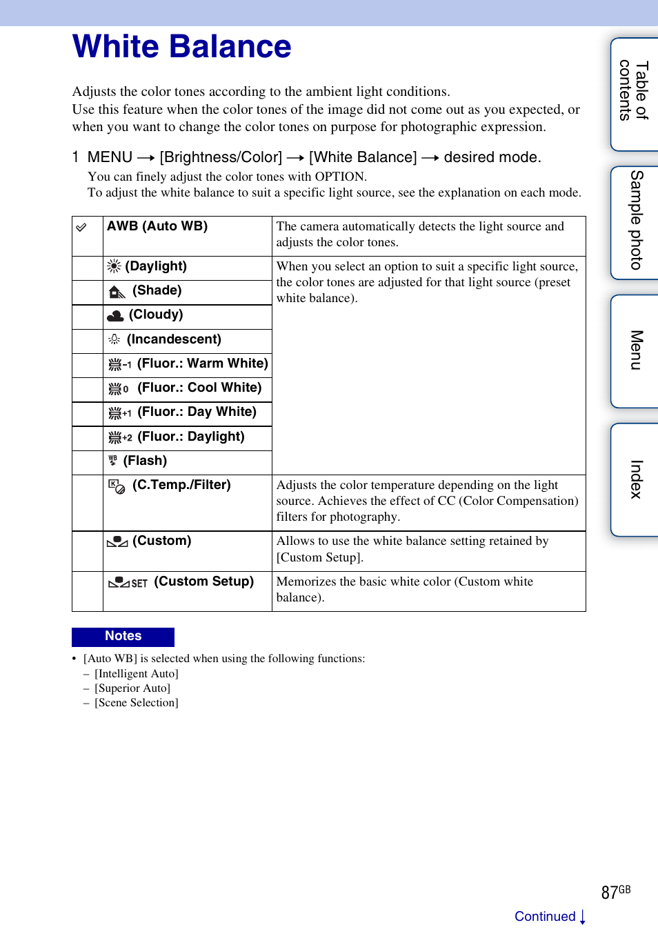 White balance | Sony ILCE-3000 User Manual | Page 87 / 195