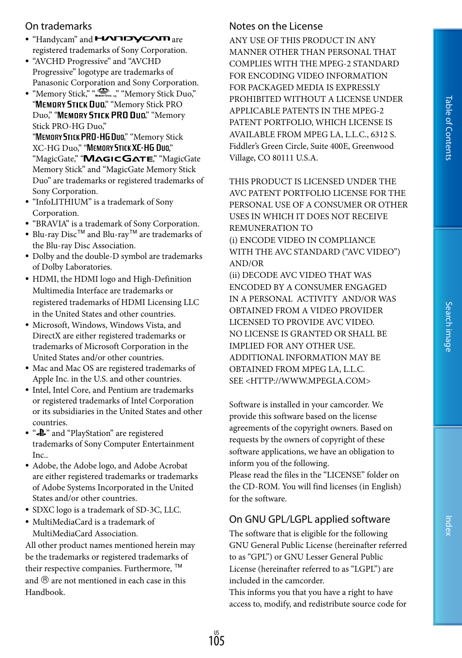 On trademarks, On gnu gpl/lgpl applied software | Sony NEX-VG30H User Manual | Page 105 / 116