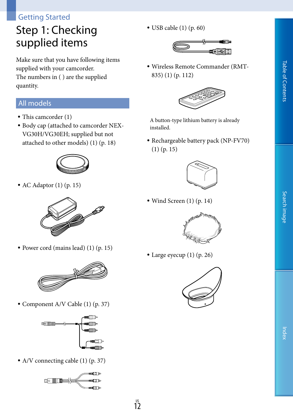 Getting started, Step 1: checking supplied items, All models | Sony NEX-VG30H User Manual | Page 12 / 116