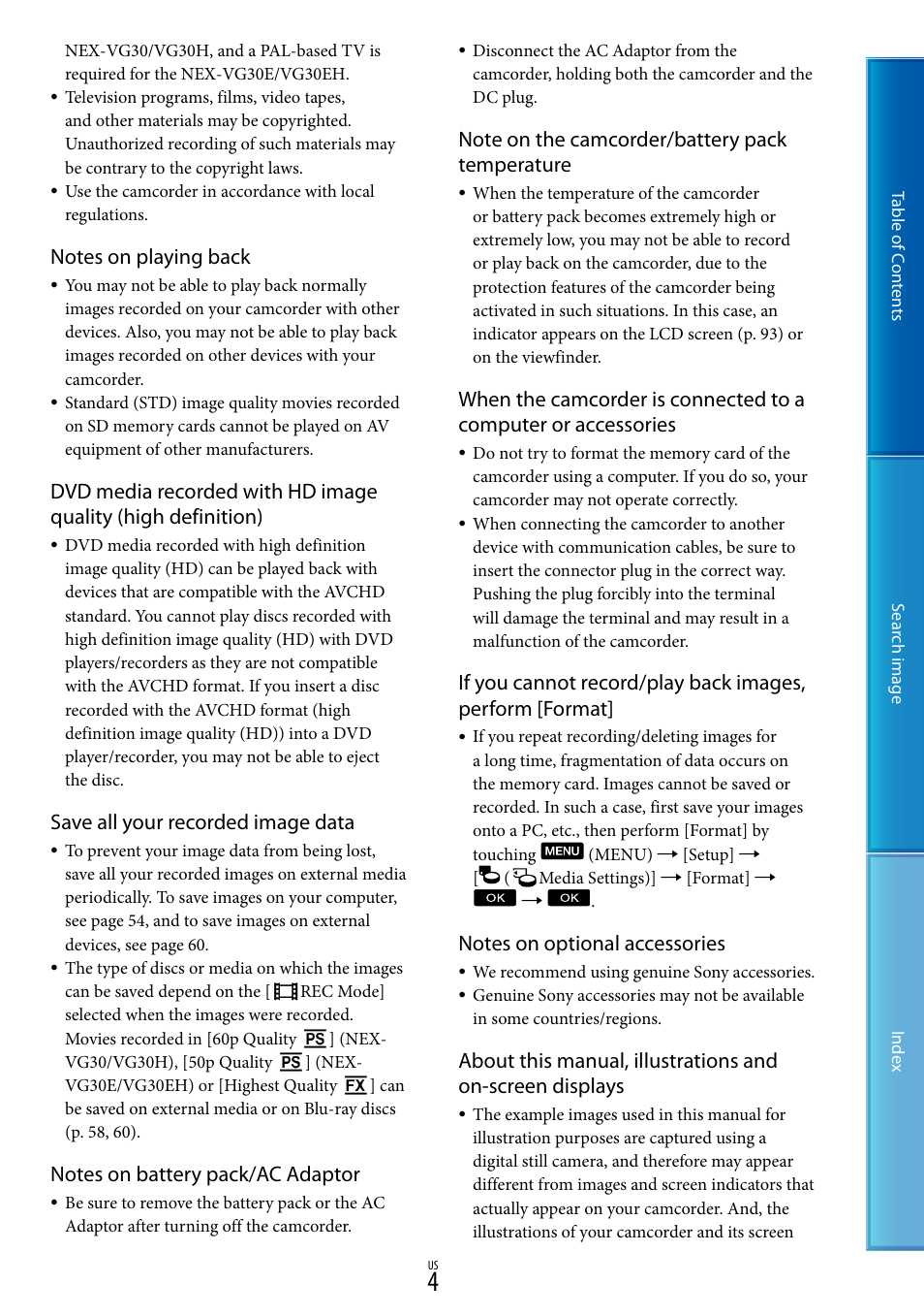 Save all your recorded image data | Sony NEX-VG30H User Manual | Page 4 / 116