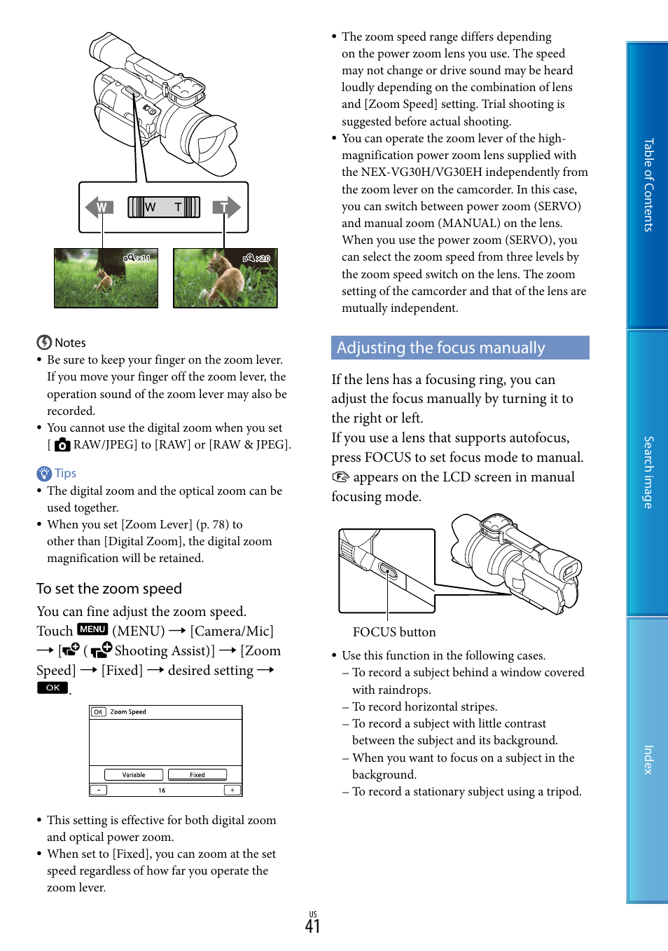 Adjusting the focus manually, Y (41) | Sony NEX-VG30H User Manual | Page 41 / 116