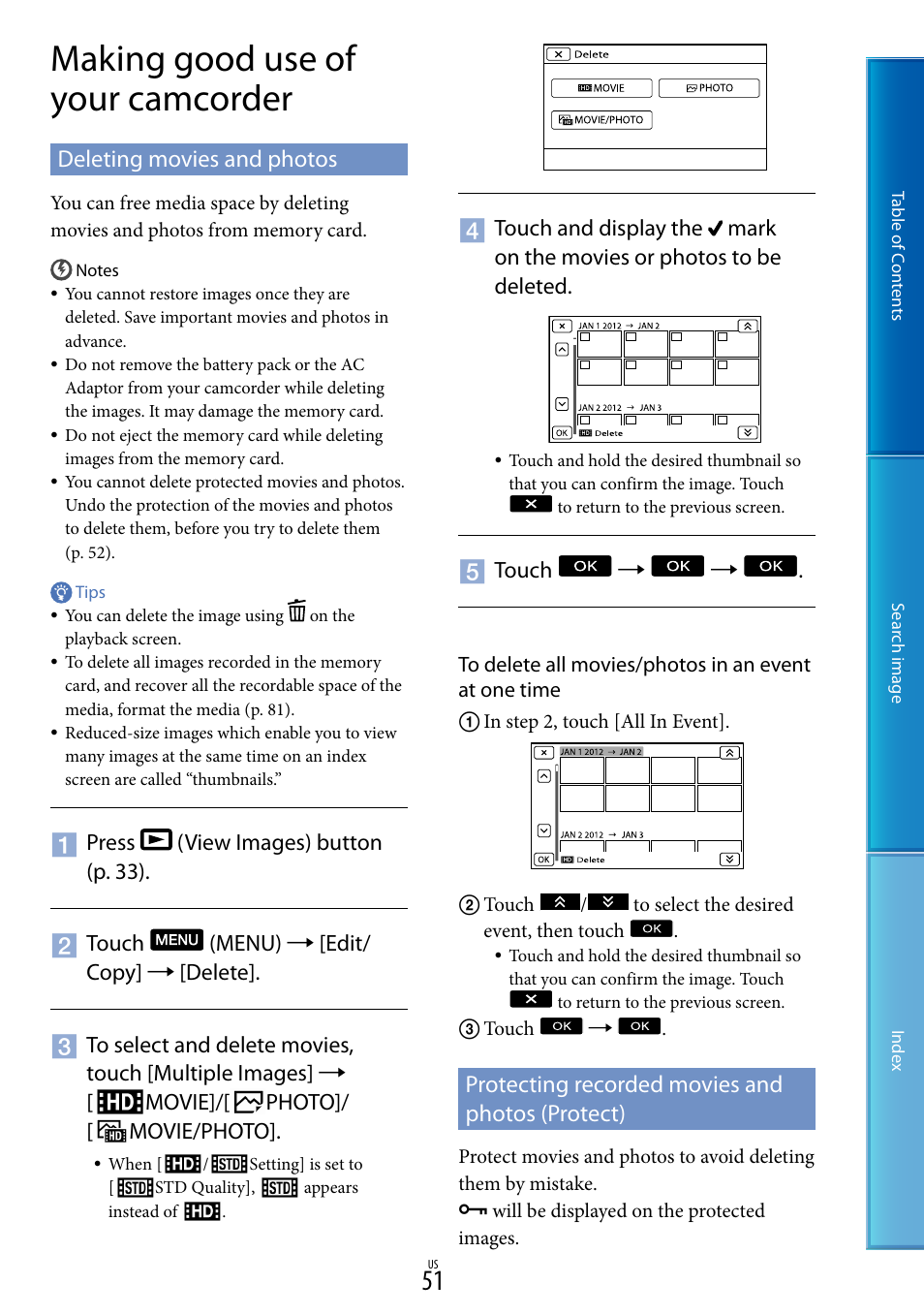 Making good use of your camcorder, Deleting movies and photos, Protecting recorded movies and photos (protect) | Sony NEX-VG30H User Manual | Page 51 / 116