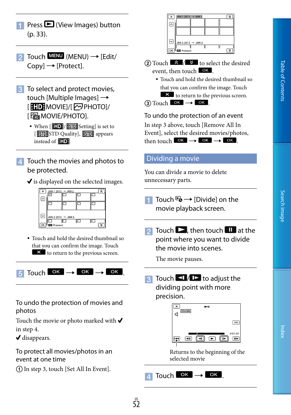 Dividing a movie | Sony NEX-VG30H User Manual | Page 52 / 116