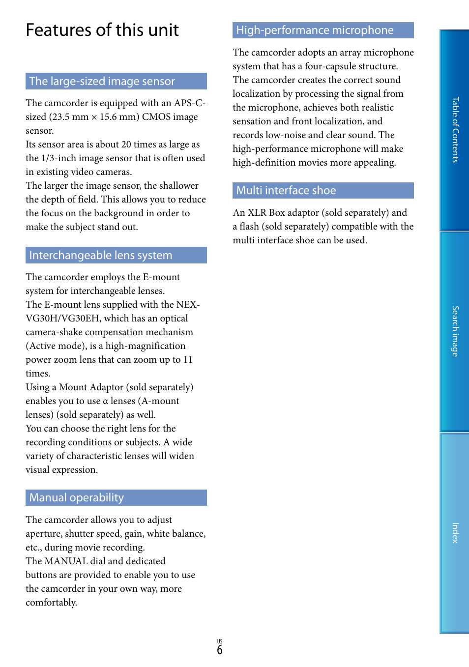 Features of this unit | Sony NEX-VG30H User Manual | Page 6 / 116