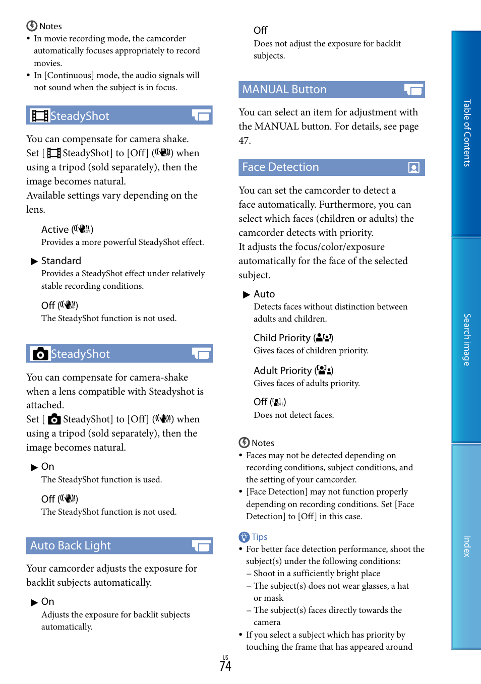 E (74), Steadyshot, Auto back light | Manual button, Face detection | Sony NEX-VG30H User Manual | Page 74 / 116