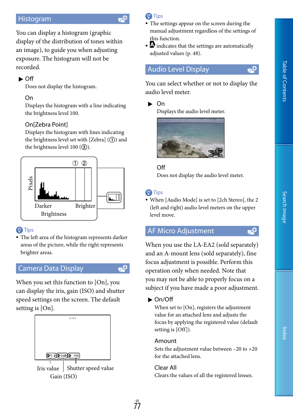 Histogram, Camera data display, Audio level display | Af micro adjustment | Sony NEX-VG30H User Manual | Page 77 / 116