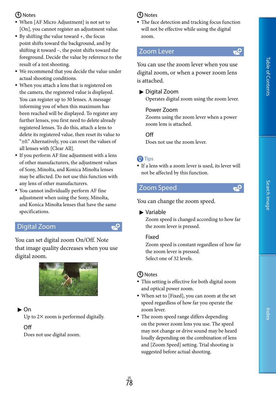 Digital zoom, Zoom lever, Zoom speed | Sony NEX-VG30H User Manual | Page 78 / 116