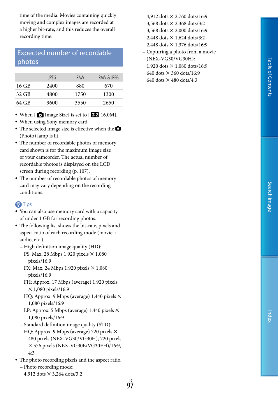 Expected number of recordable photos, E 97 o | Sony NEX-VG30H User Manual | Page 97 / 116