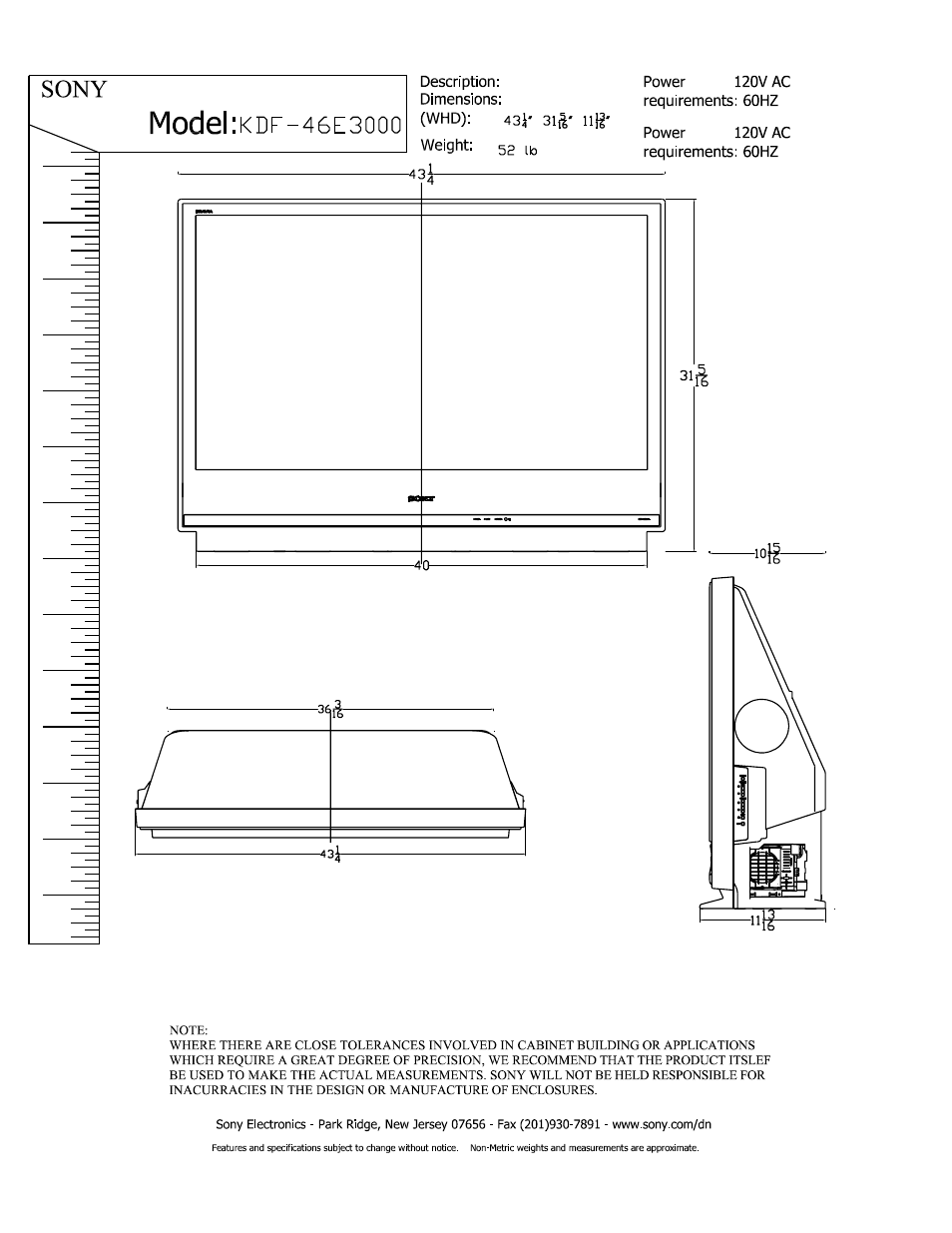 Sony KDF-46E3000 User Manual | 1 page