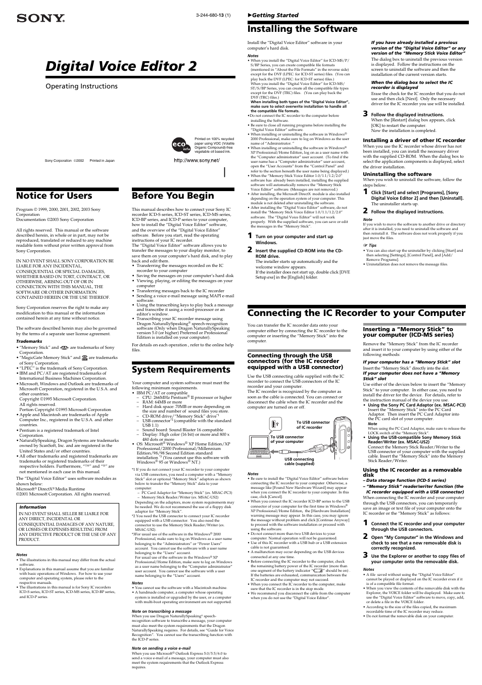 Sony ICD-BP150VTP User Manual | 2 pages