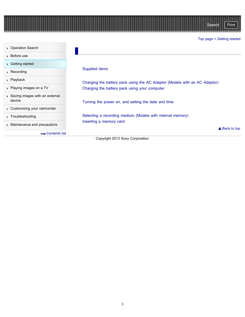 Getting started, Checking the supplied items, Charging the battery pack | Preparing the recording media | Sony HDR-CX290 User Manual | Page 10 / 213