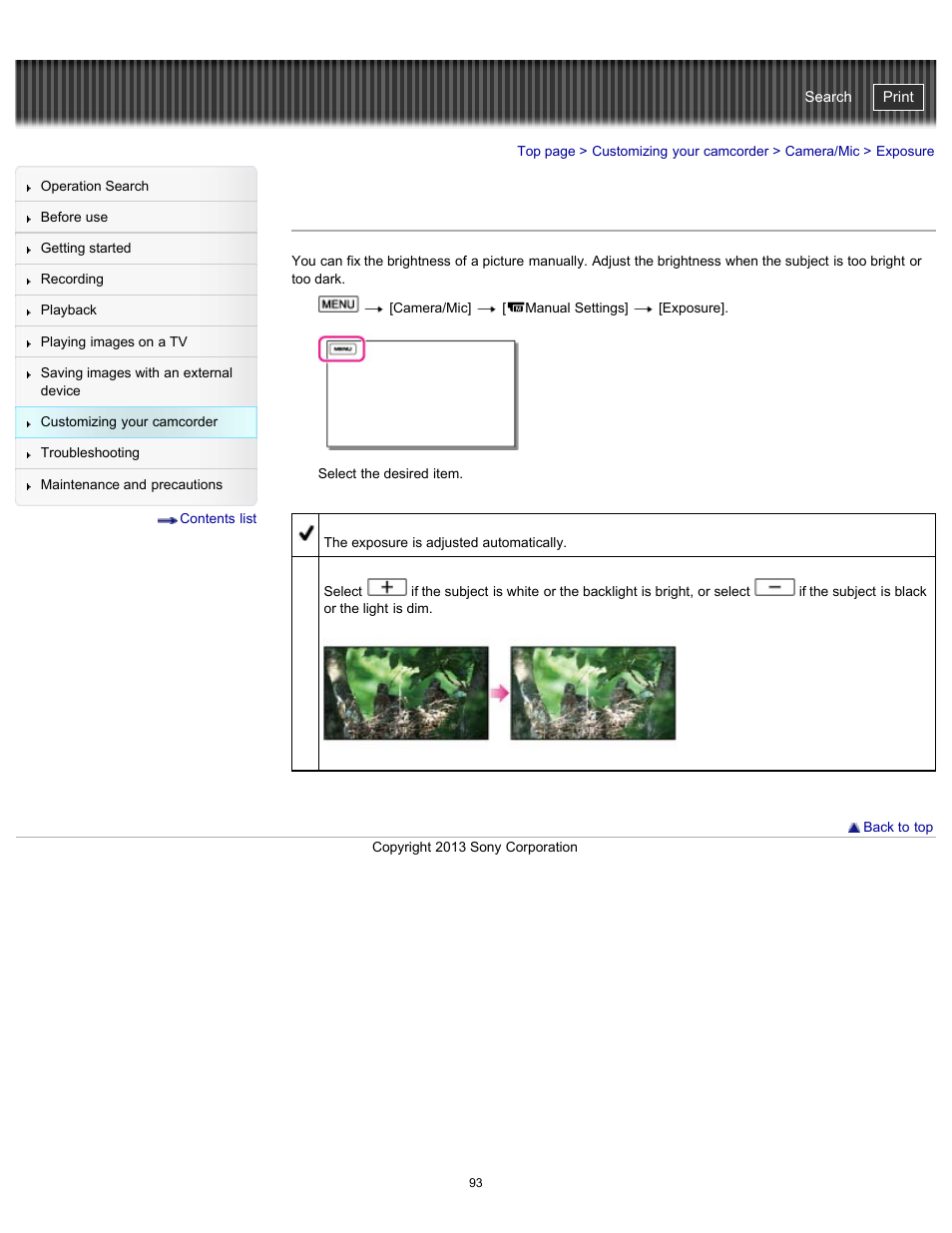 Exposure, Handycam" user guide | Sony HDR-CX290 User Manual | Page 100 / 213