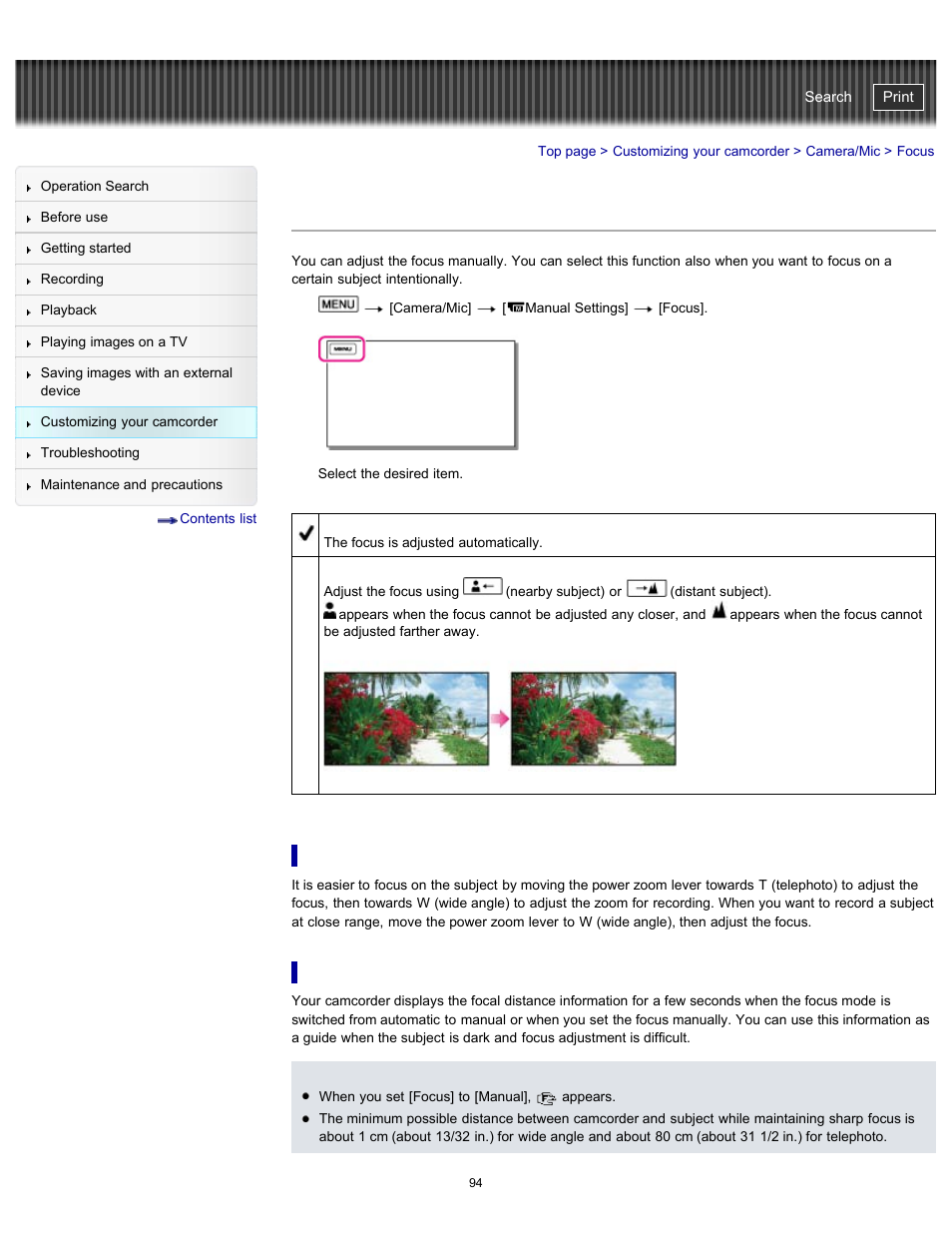 Focus, To adjust the focus, On focal distance information | Handycam" user guide | Sony HDR-CX290 User Manual | Page 101 / 213