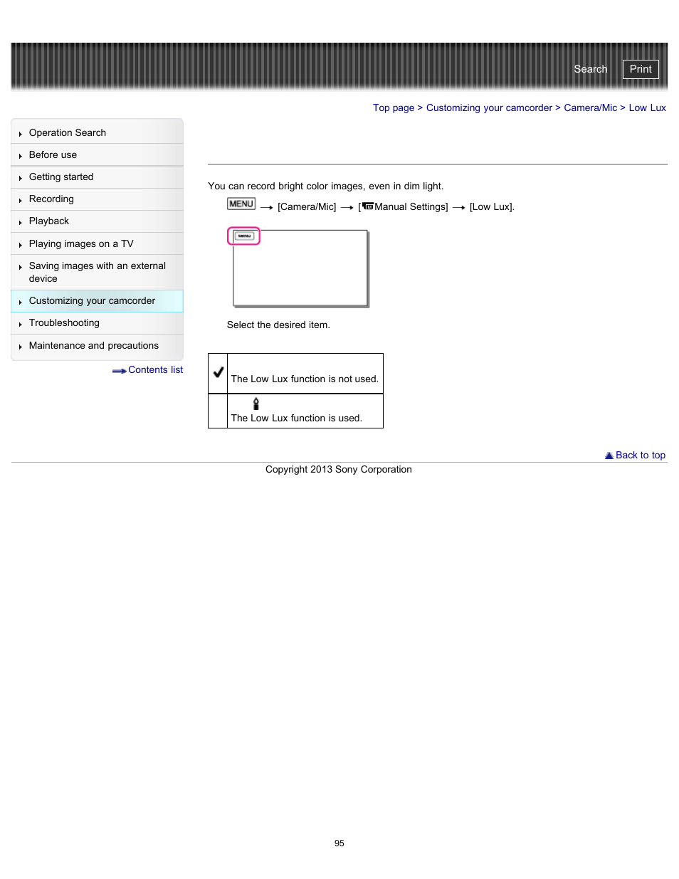 Low lux, Handycam" user guide | Sony HDR-CX290 User Manual | Page 102 / 213