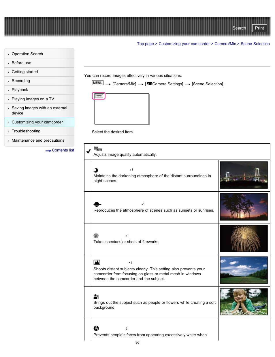 Scene selection, Portrait), Spotlight) | Night, Fireworks), Sunrise&sunset), Handycam" user guide | Sony HDR-CX290 User Manual | Page 103 / 213