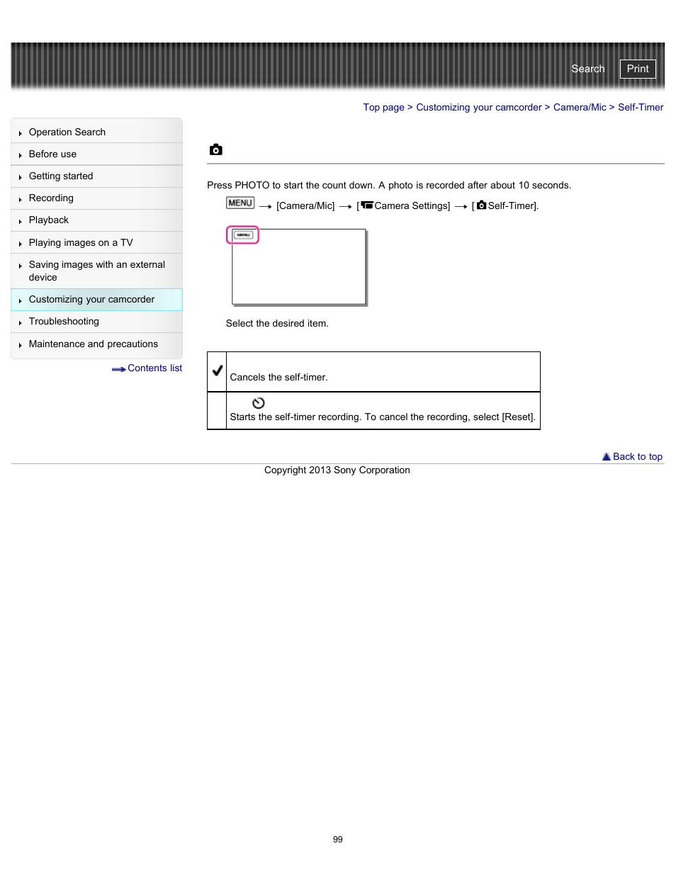 Self-timer, Handycam" user guide | Sony HDR-CX290 User Manual | Page 106 / 213