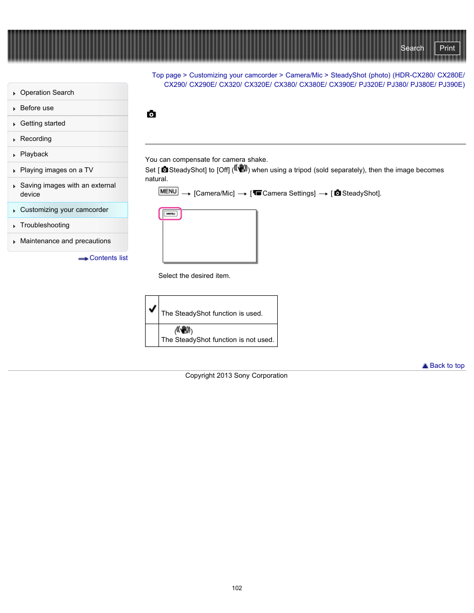 Steadyshot (photo), Cx380e/ cx390e/ pj320e/ pj380/ pj380e/ pj390e), Handycam" user guide | Sony HDR-CX290 User Manual | Page 109 / 213