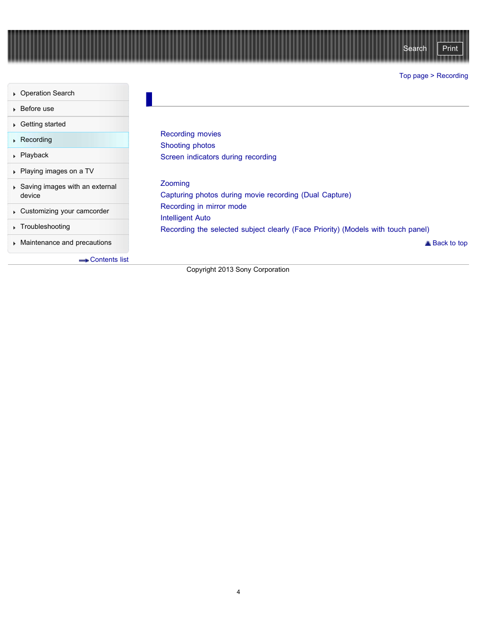 Recording, Useful functions for recording images, Handycam" user guide | Sony HDR-CX290 User Manual | Page 11 / 213