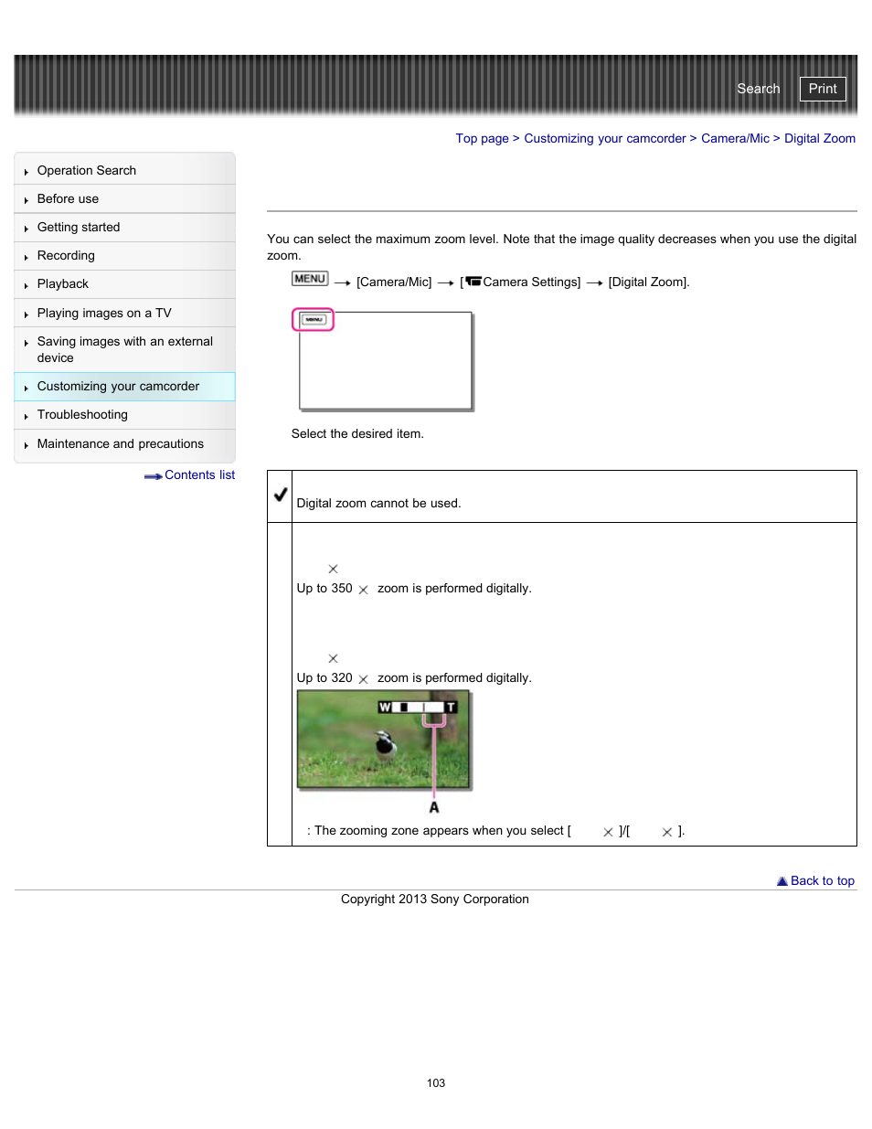 Digital zoom, Handycam" user guide | Sony HDR-CX290 User Manual | Page 110 / 213