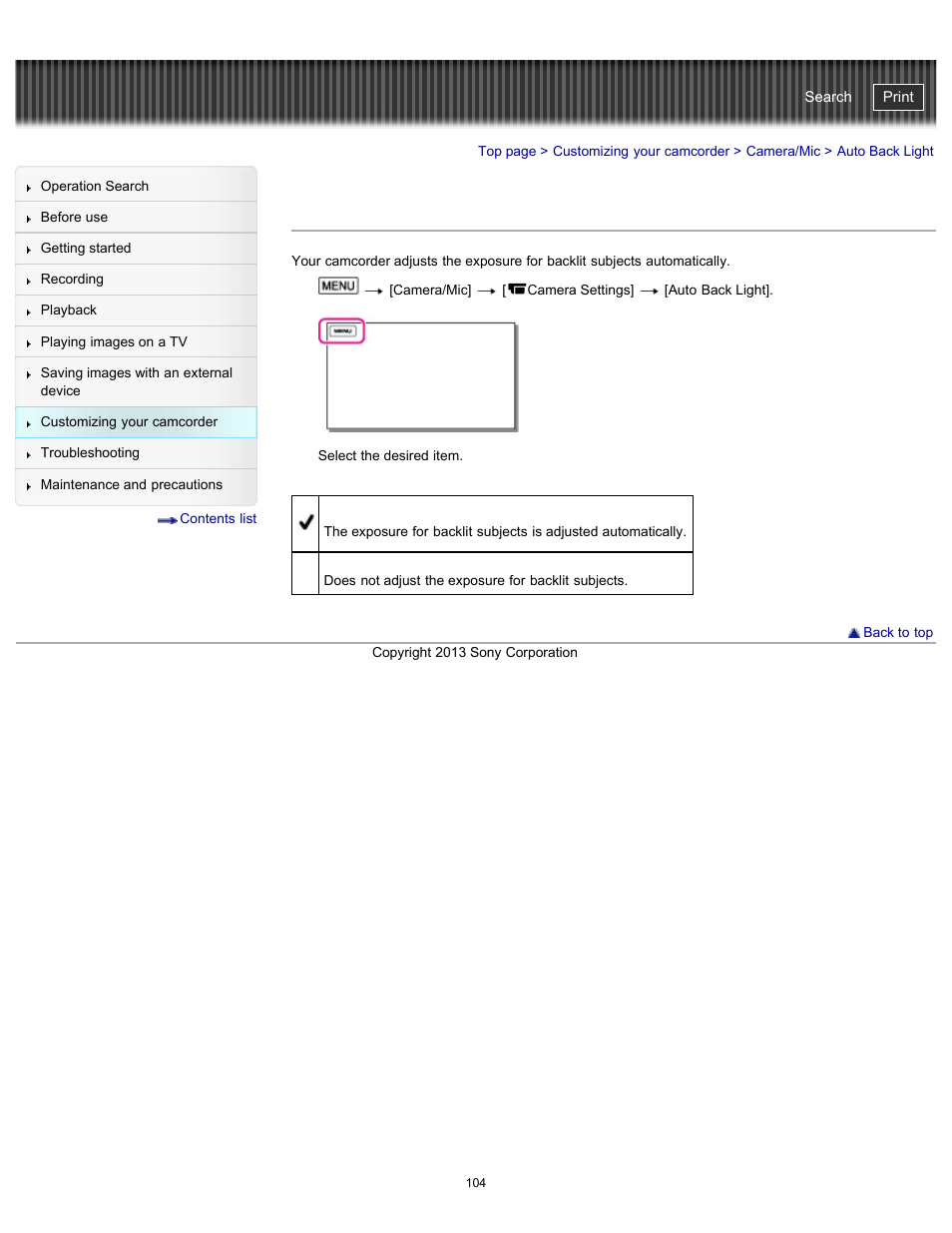 Auto back light, Handycam" user guide | Sony HDR-CX290 User Manual | Page 111 / 213