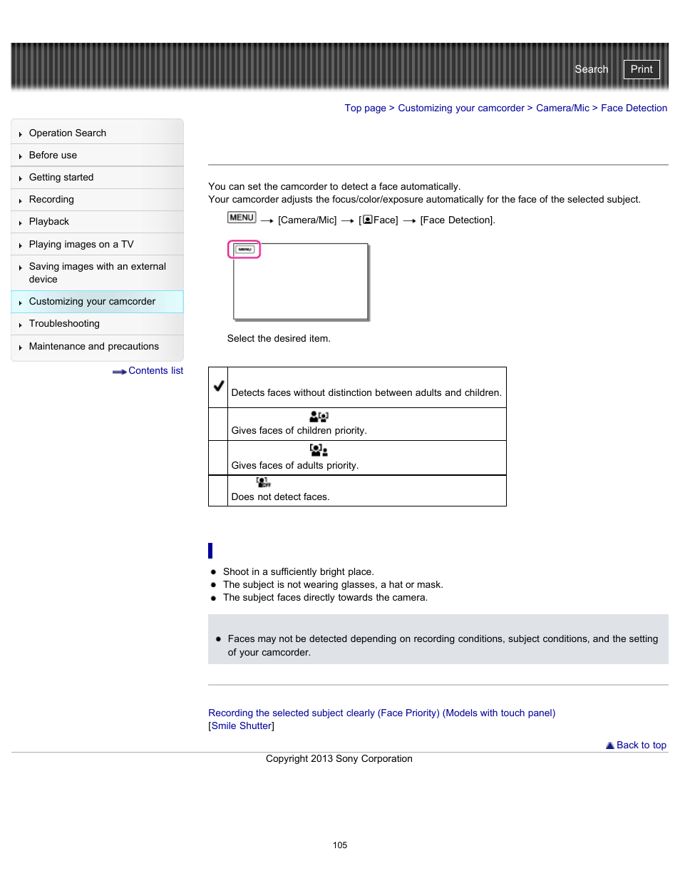 Face detection, Handycam" user guide | Sony HDR-CX290 User Manual | Page 112 / 213