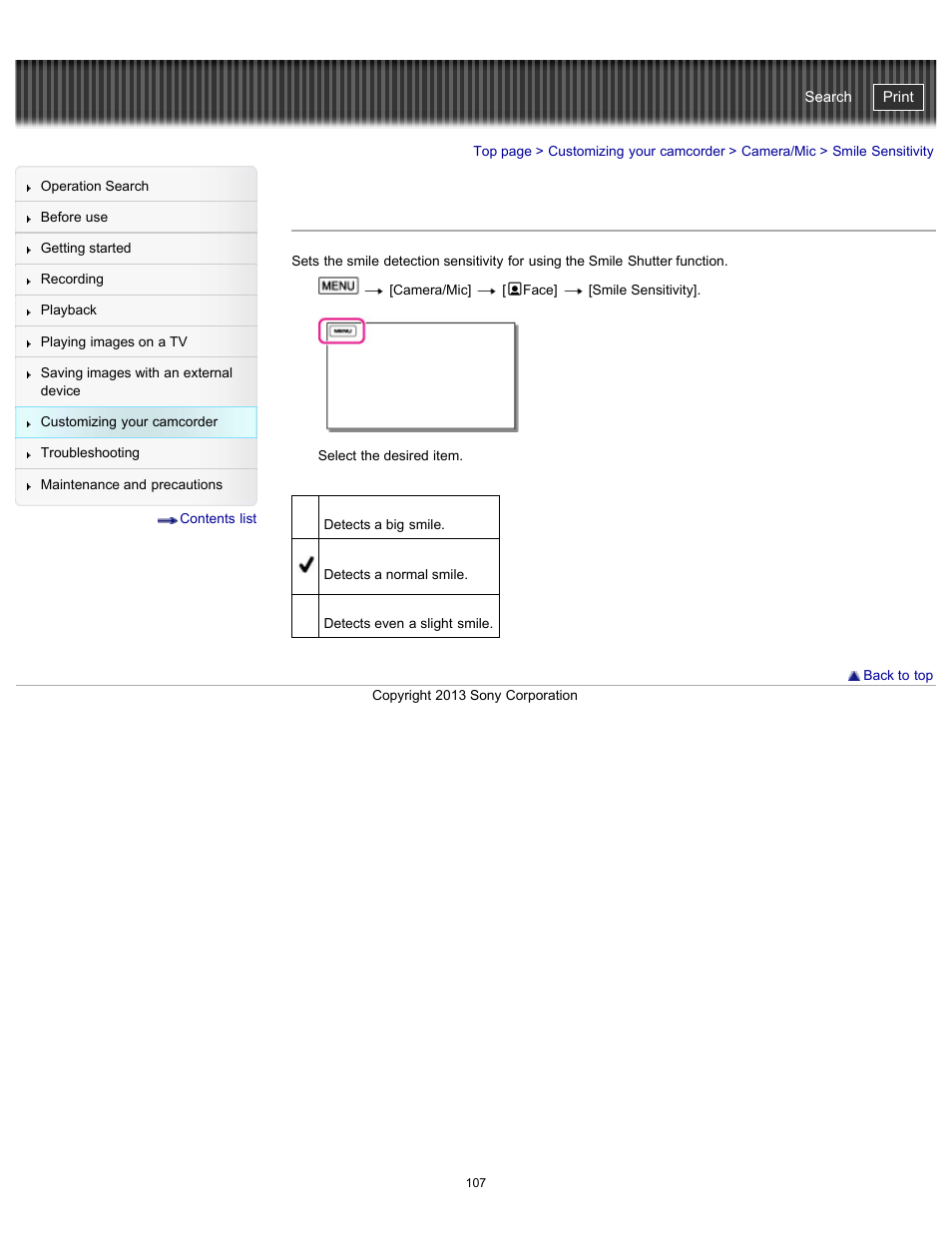 Smile sensitivity, Handycam" user guide | Sony HDR-CX290 User Manual | Page 114 / 213