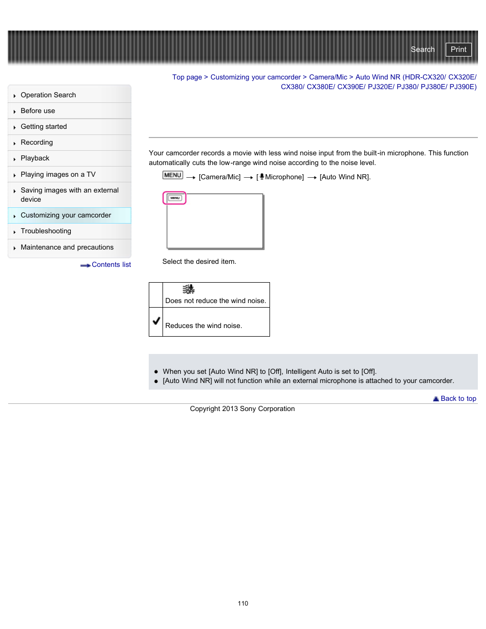 Auto wind nr, Pj380e/ pj390e), Handycam" user guide | Sony HDR-CX290 User Manual | Page 117 / 213