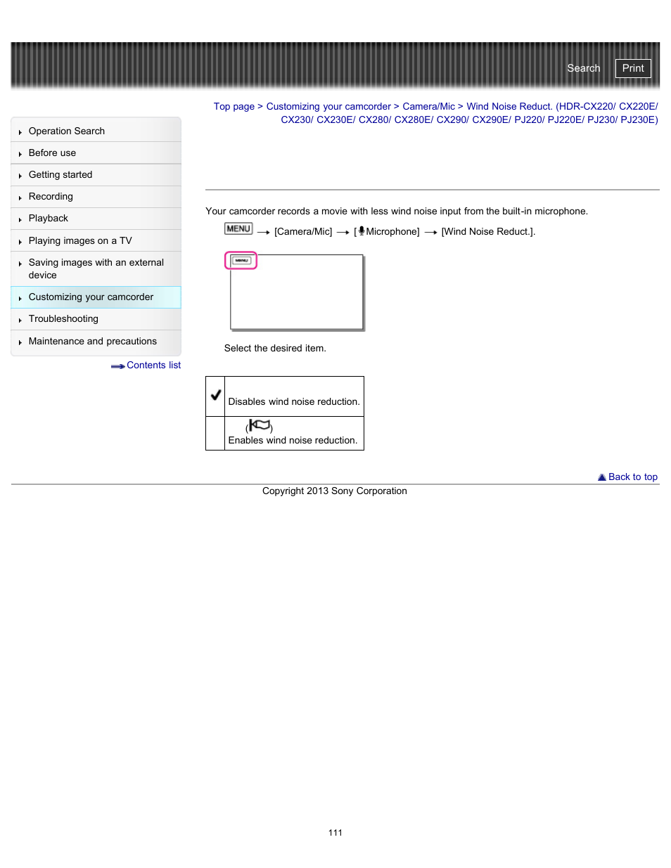 Wind noise reduct, Cx290e/ pj220/ pj220e/ pj230/ pj230e), Handycam" user guide | Sony HDR-CX290 User Manual | Page 118 / 213