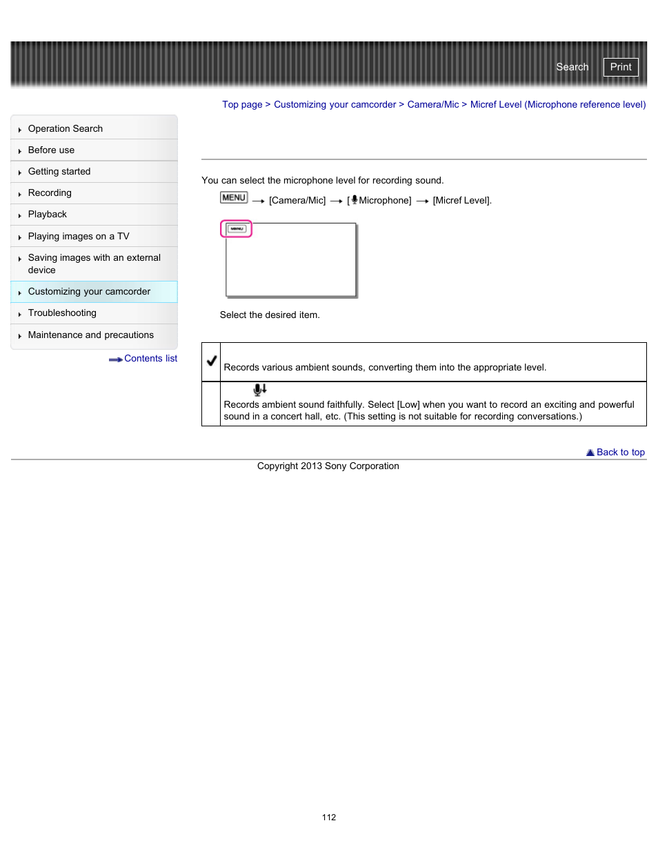 Micref level, Micref level (microphone reference level), Handycam" user guide | Sony HDR-CX290 User Manual | Page 119 / 213