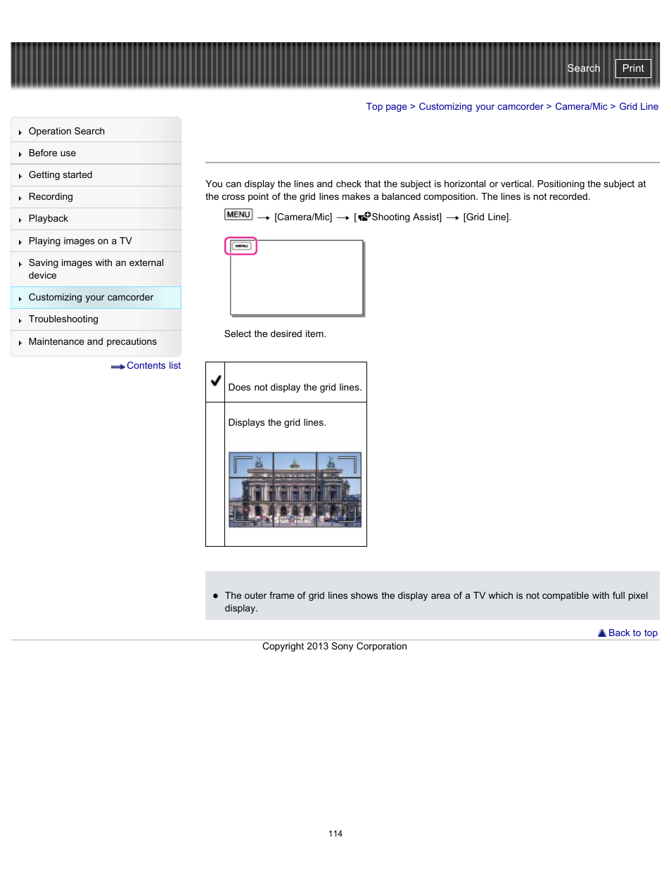 Grid line, Handycam" user guide | Sony HDR-CX290 User Manual | Page 121 / 213