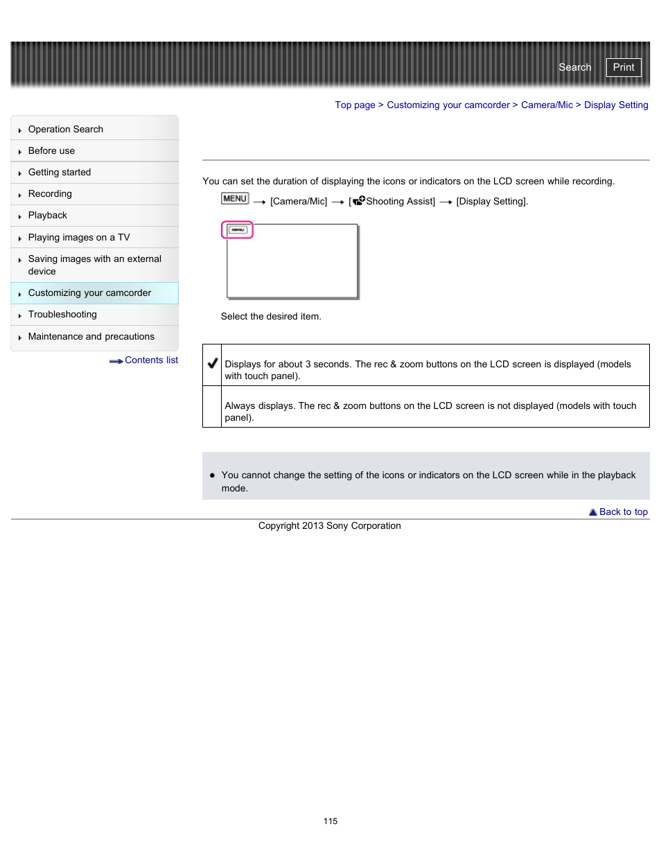 Display setting, Handycam" user guide | Sony HDR-CX290 User Manual | Page 122 / 213