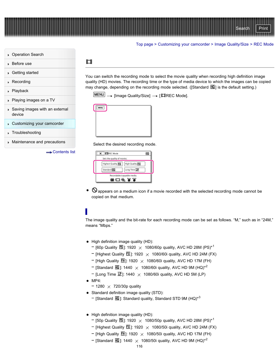 Rec mode, On image quality, Handycam" user guide | Sony HDR-CX290 User Manual | Page 123 / 213