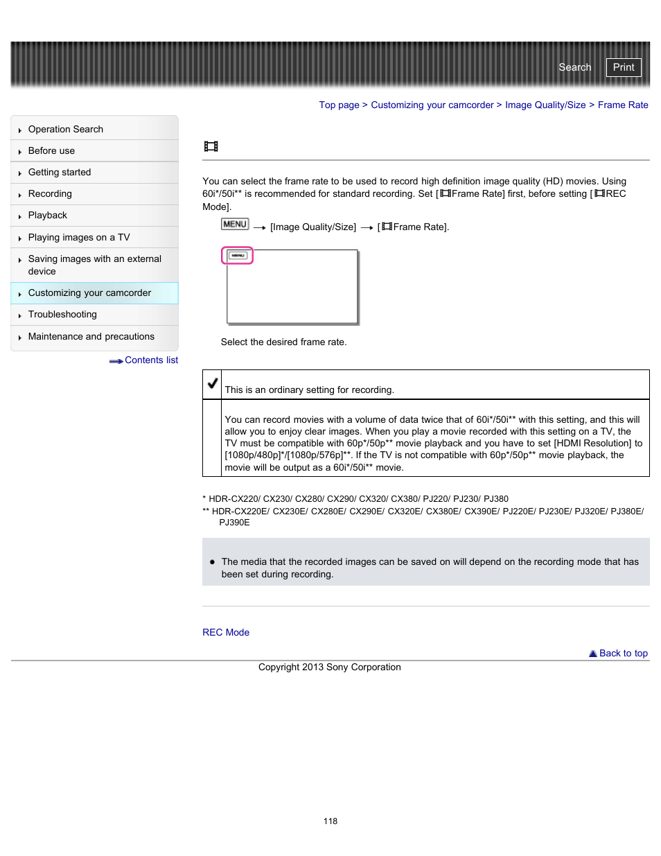 Frame rate, Handycam" user guide | Sony HDR-CX290 User Manual | Page 125 / 213