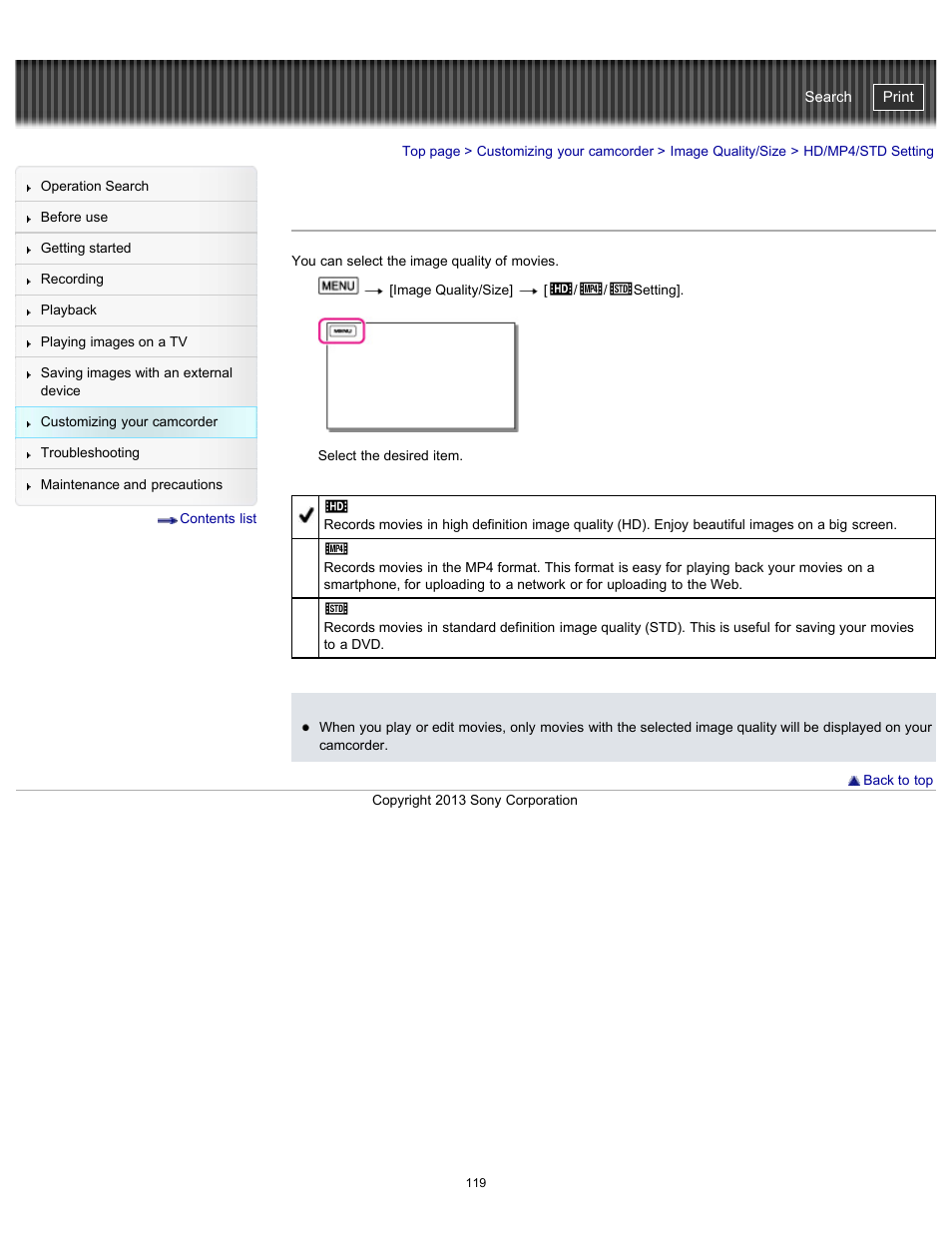 Hd/mp4/std setting, Handycam" user guide | Sony HDR-CX290 User Manual | Page 126 / 213