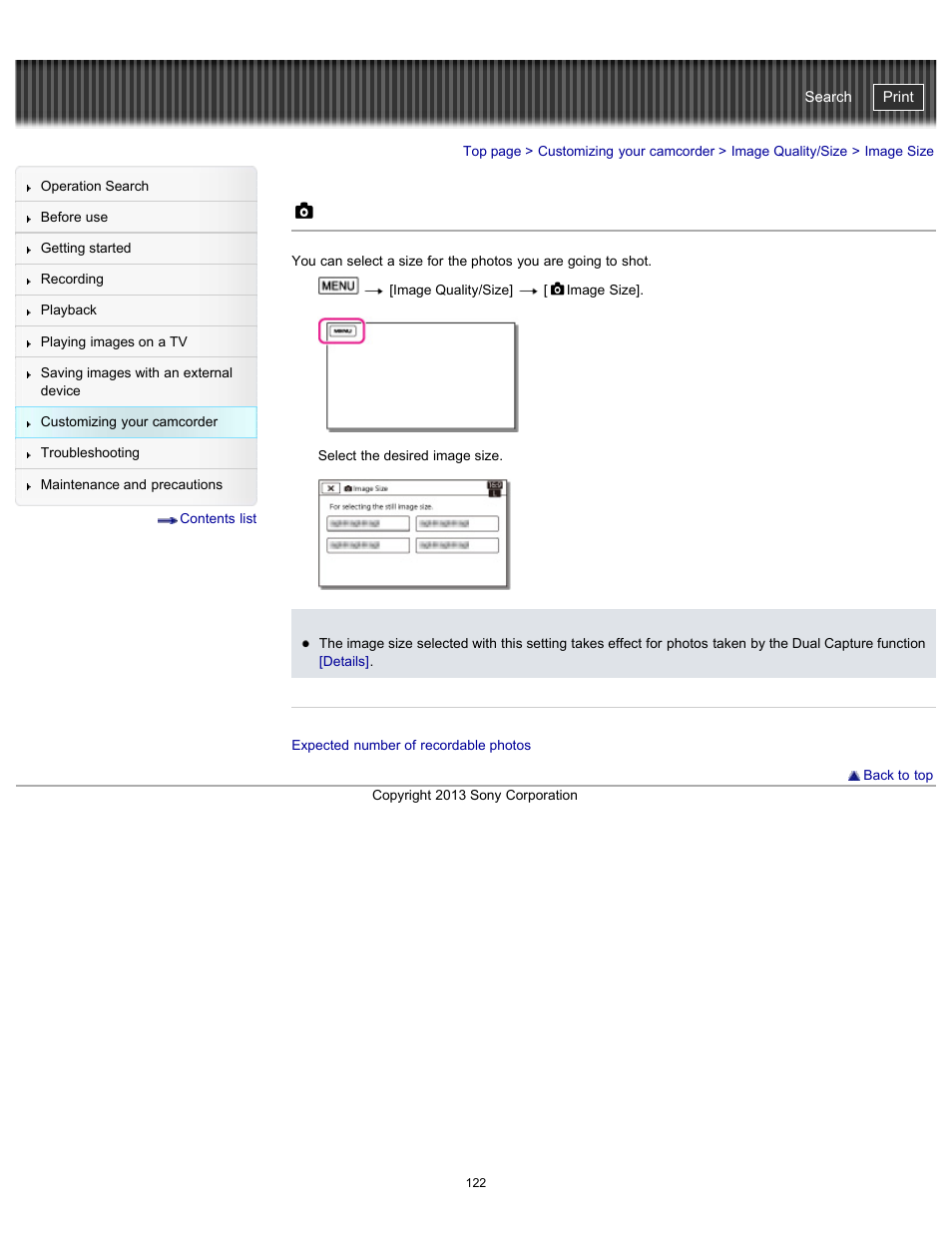 Image size, Handycam" user guide | Sony HDR-CX290 User Manual | Page 129 / 213