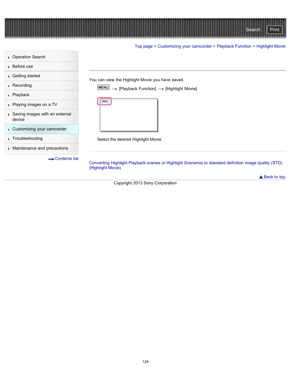 Highlight movie, Handycam" user guide | Sony HDR-CX290 User Manual | Page 131 / 213