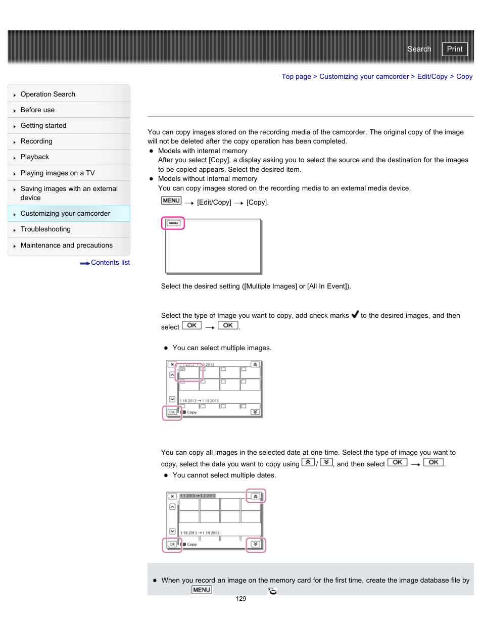 Copy, Handycam" user guide | Sony HDR-CX290 User Manual | Page 136 / 213