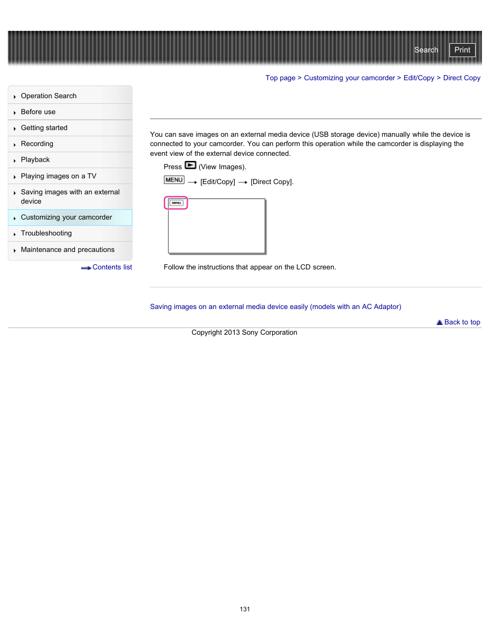 Direct copy, Handycam" user guide | Sony HDR-CX290 User Manual | Page 138 / 213