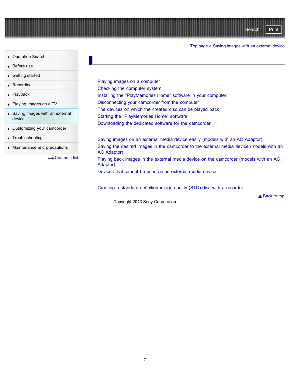 Saving images with an external device | Sony HDR-CX290 User Manual | Page 14 / 213