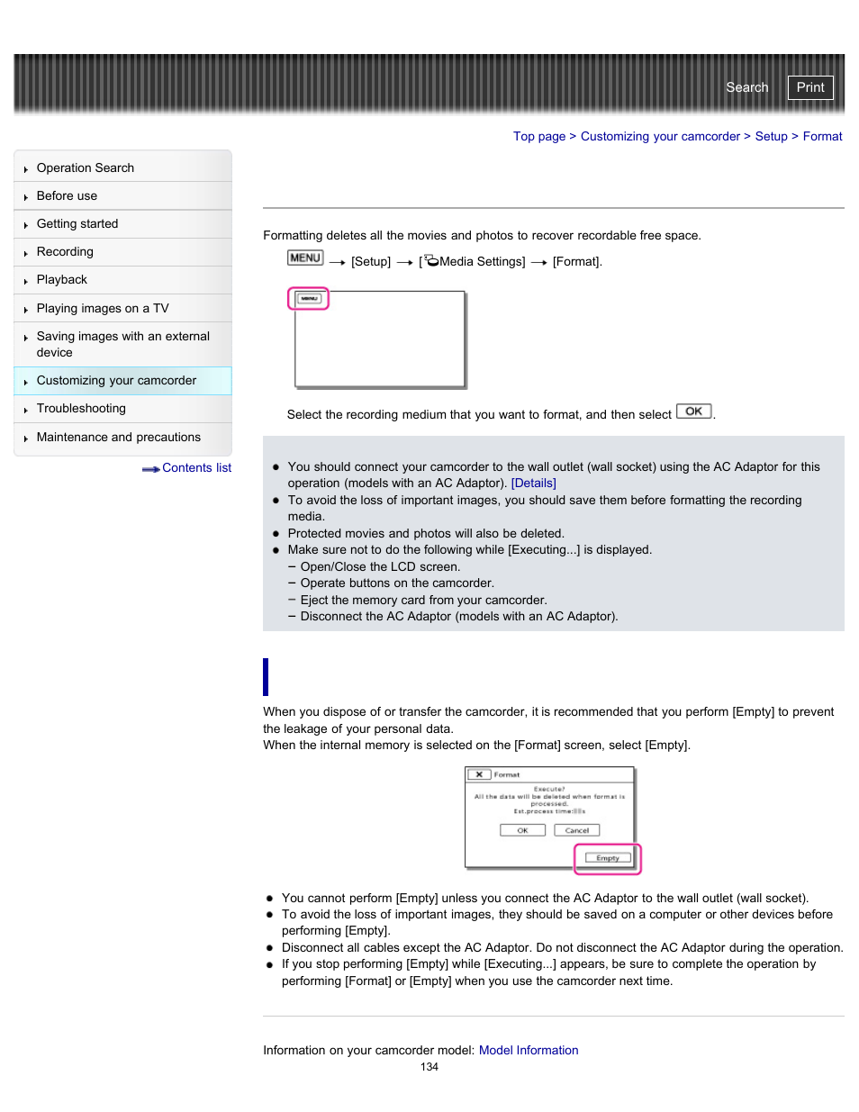 Format, To prevent data on the internal memory from being, Recovered | Details, Handycam" user guide | Sony HDR-CX290 User Manual | Page 141 / 213