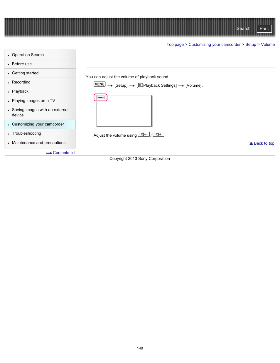 Volume, Handycam" user guide | Sony HDR-CX290 User Manual | Page 147 / 213