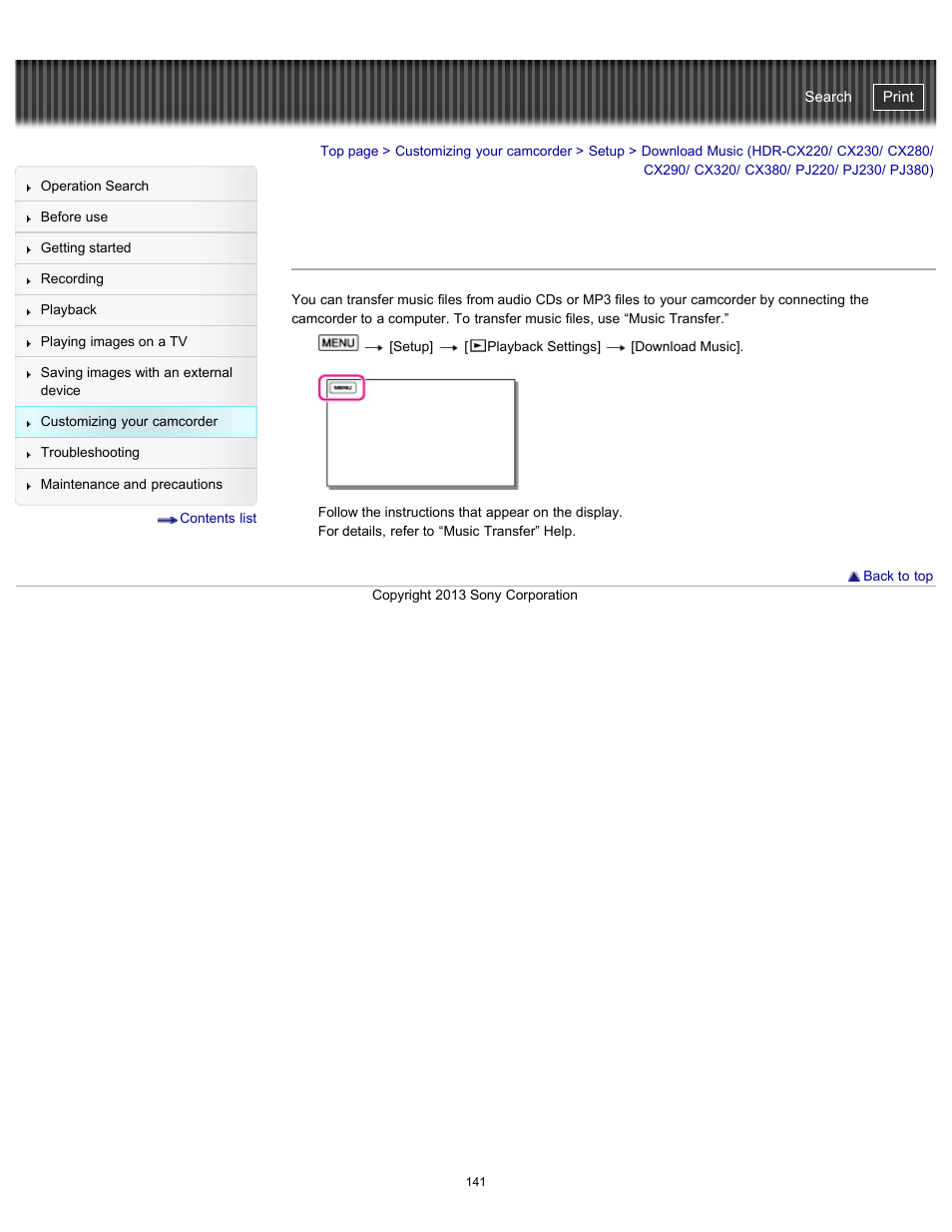 Download music, Pj380), Handycam" user guide | Sony HDR-CX290 User Manual | Page 148 / 213