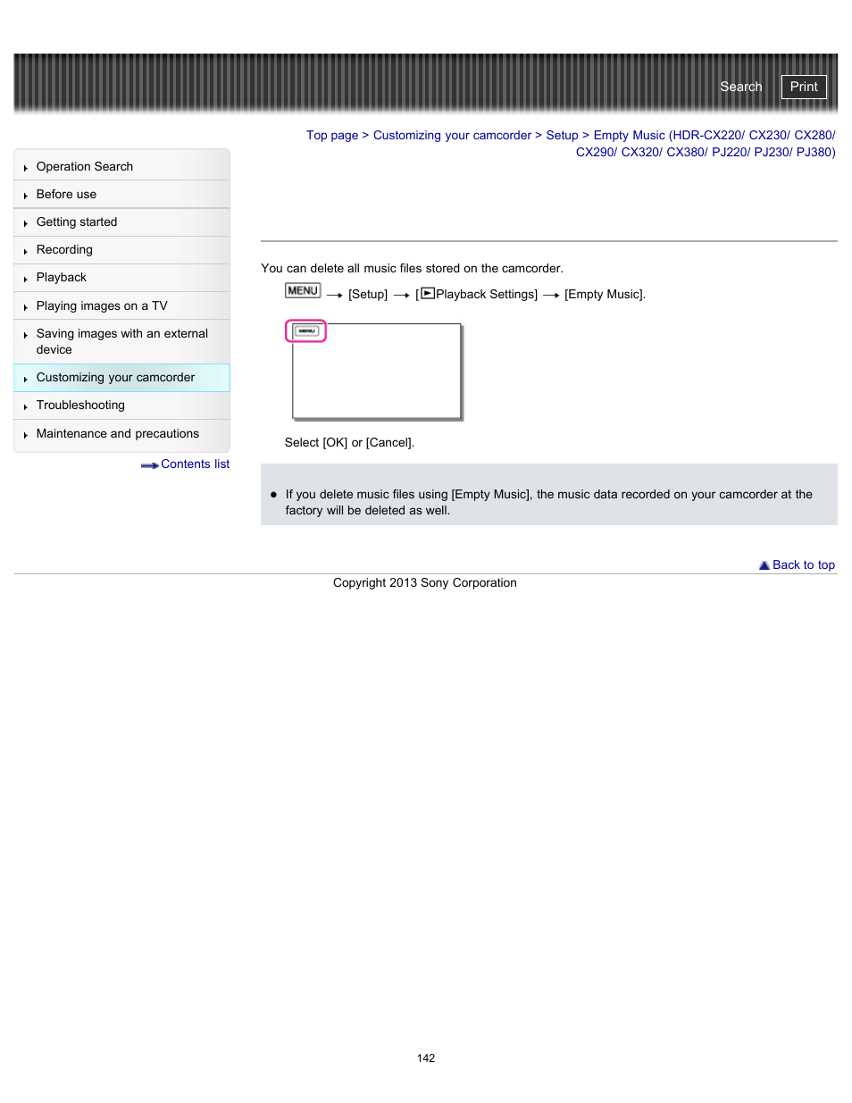 Empty music, Pj380), Handycam" user guide | Sony HDR-CX290 User Manual | Page 149 / 213