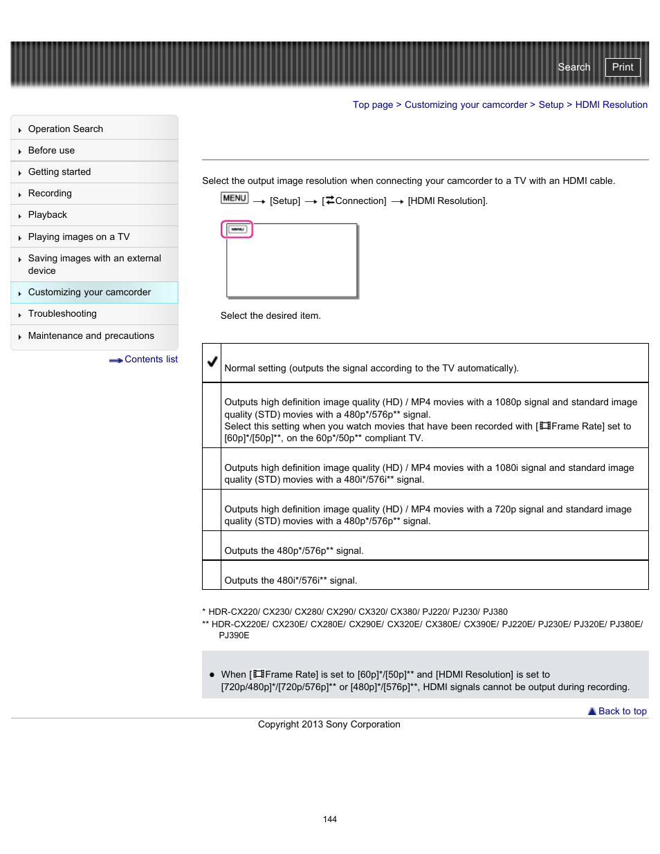 Hdmi resolution, Handycam" user guide | Sony HDR-CX290 User Manual | Page 151 / 213